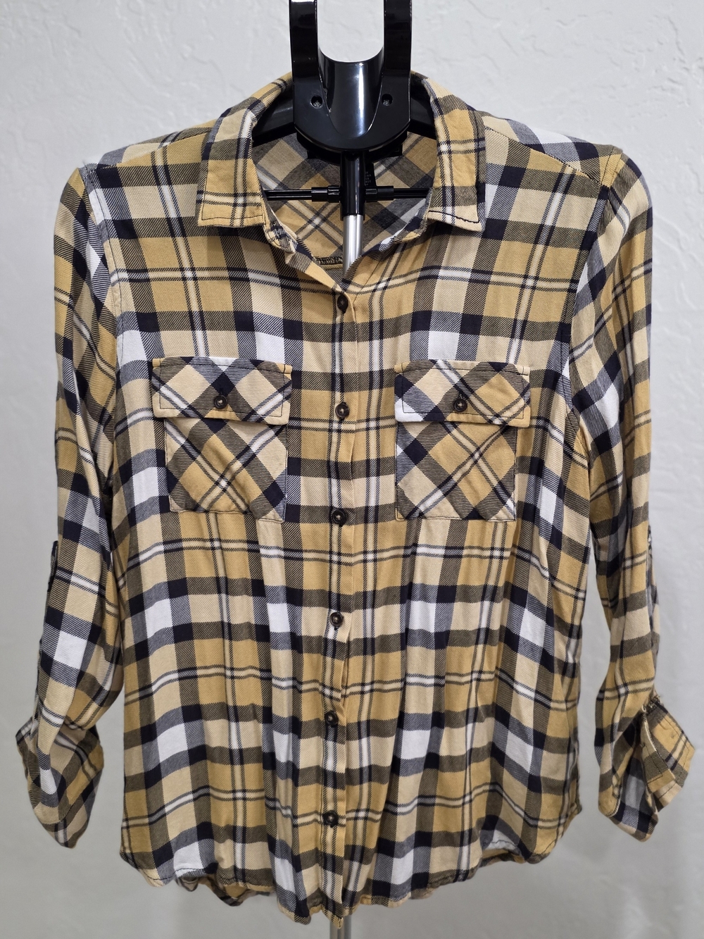 Casual Yellow Plaid Button-Up Shirt